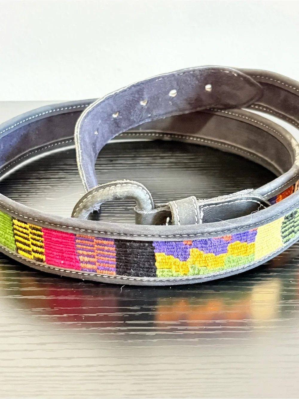 Woven Tapestry Leather Belt 41” Multicolor Boho Southwestern